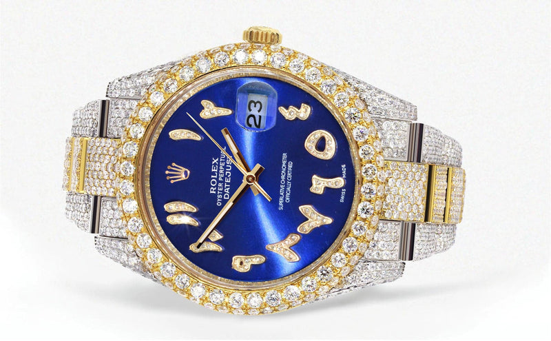 Diamond Iced Out Rolex Datejust 41 | 25 Carats Of Diamonds | Custom Blue Arabic Numeral Diamond Dial | Two Tone | Two Row |  Oyster Band
