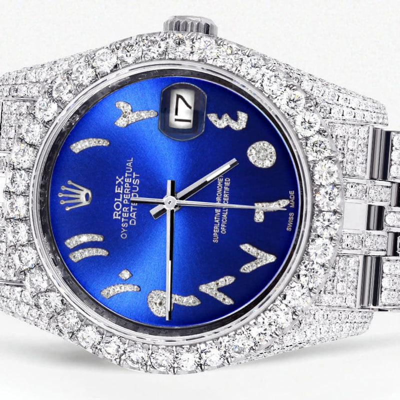 Iced Out Rolex Datejust 36 MM | Stainless Steel | 10 Carats of Diamonds | Blue Arabic Diamond Dial | Jubilee Band