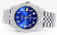 Iced Out Rolex Datejust 36 MM | Stainless Steel | 10 Carats of Diamonds | Blue Arabic Diamond Dial | Jubilee Band