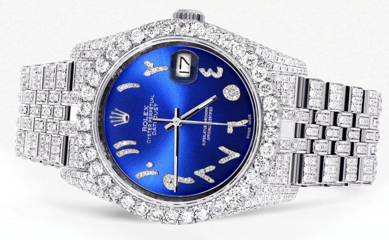 Iced Out Rolex Datejust 36 MM | Stainless Steel | 10 Carats of Diamonds | Blue Arabic Diamond Dial | Jubilee Band