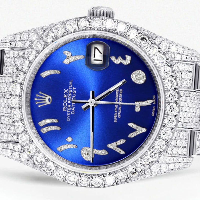 Iced Out Rolex Datejust 36 MM | Stainless Steel | 10 Carats of Diamonds | Blue Arabic Diamond Dial | Oyster Band