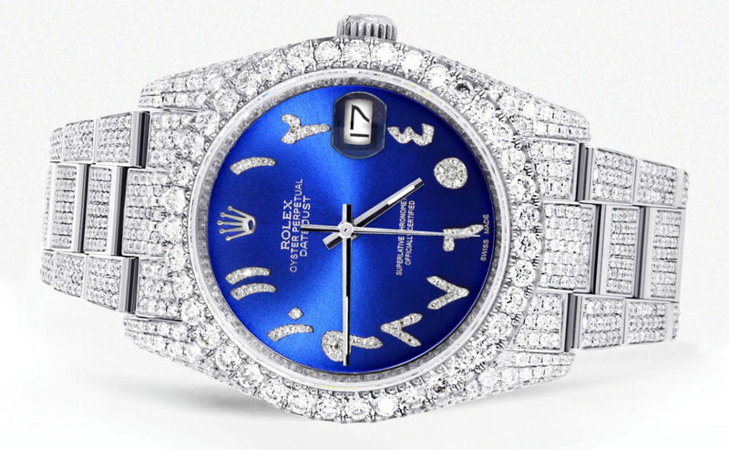 Iced Out Rolex Datejust 36 MM | Stainless Steel | 10 Carats of Diamonds | Blue Arabic Diamond Dial | Oyster Band