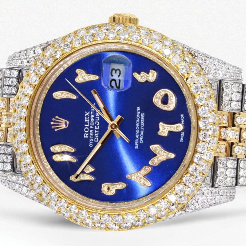 Diamond Iced Out Rolex Datejust 41 | 25 Carats Of Diamonds | Custom Blue Arabic Numeral Diamond Dial | Two Tone | Two Row | Jubilee Band