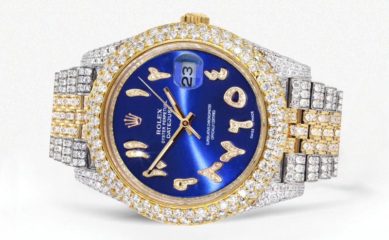 Diamond Iced Out Rolex Datejust 41 | 25 Carats Of Diamonds | Custom Blue Arabic Numeral Diamond Dial | Two Tone | Two Row | Jubilee Band