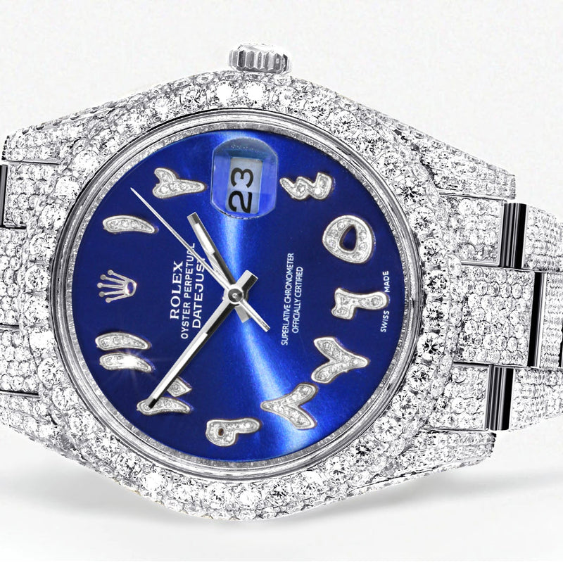 Womens Diamond Iced Out Rolex Datejust 41 | 25 Carats Of Diamonds | Custom Blue Arabic Numeral Diamond Dial | Two Row | Oyster Band