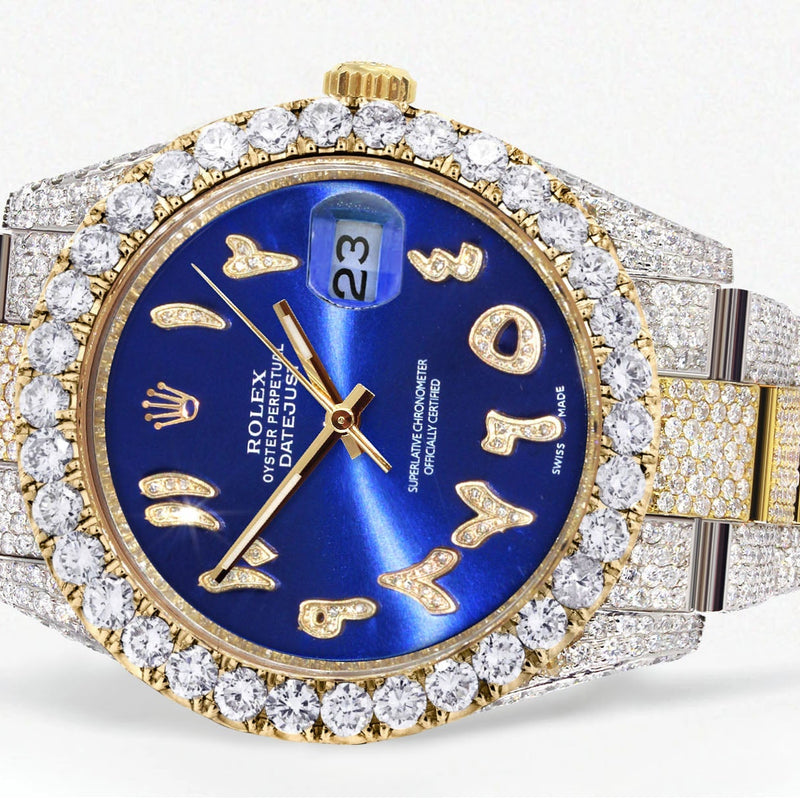 Womens Diamond Iced Out Rolex Datejust 41 | 25 Carats Of Diamonds | Custom Blue Arabic Numeral Diamond Dial | Two Row | Oyster Band
