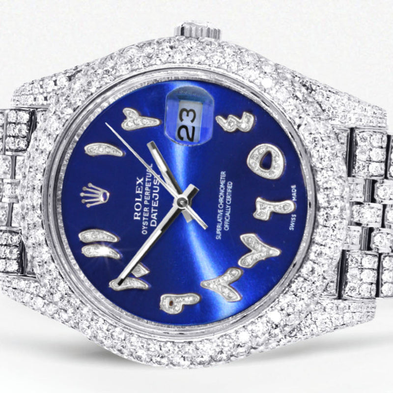Womens Diamond Iced Out Rolex Datejust 41 | 25 Carats Of Diamonds | Custom Blue Arabic Numeral Diamond Dial | Two Row | Jubilee Band