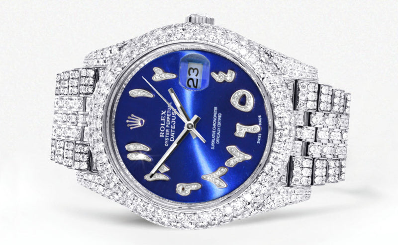 Womens Diamond Iced Out Rolex Datejust 41 | 25 Carats Of Diamonds | Custom Blue Arabic Numeral Diamond Dial | Two Row | Jubilee Band