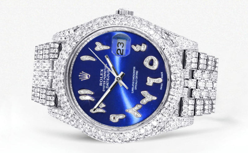 Diamond Iced Out Rolex Datejust 41 | 25 Carats Of Diamonds | Custom Blue Arabic Numeral Diamond Dial | Two Row | Jubilee Band