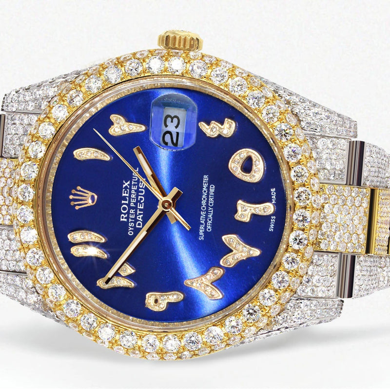 Womens Diamond Iced Out Rolex Datejust 41 | 25 Carats Of Diamonds | Custom Blue Arabic Numeral Diamond Dial | Two Tone | Two Row |  Oyster Band