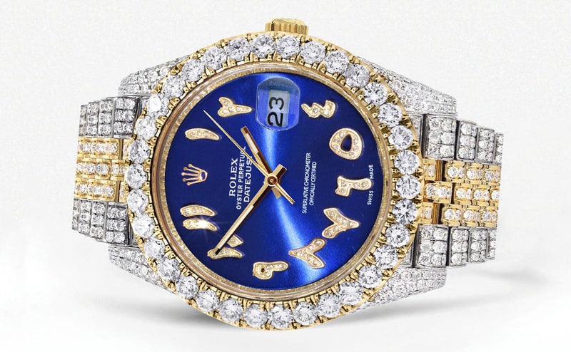 Diamond Iced Out Rolex Datejust 41 | 25 Carats Of Diamonds | Custom Blue Arabic Numeral Diamond Dial | Two Row | Jubilee Band