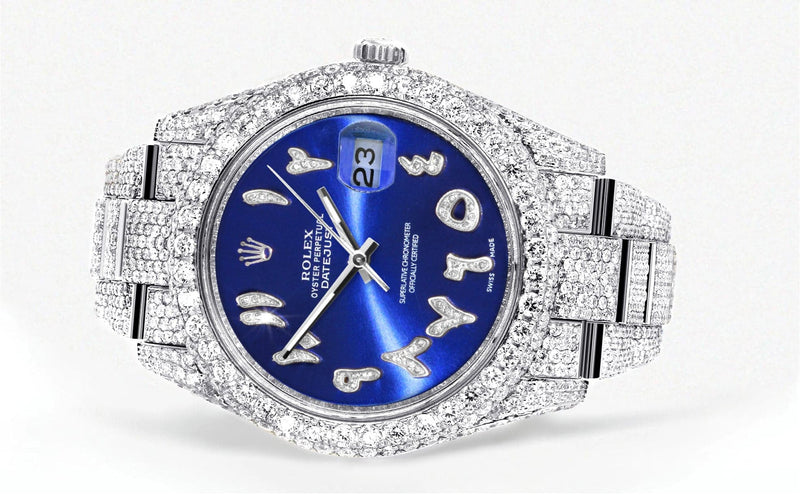 Diamond Iced Out Rolex Datejust 41 | 25 Carats Of Diamonds | Custom Blue Arabic Numeral Diamond Dial | Two Row | Oyster Band