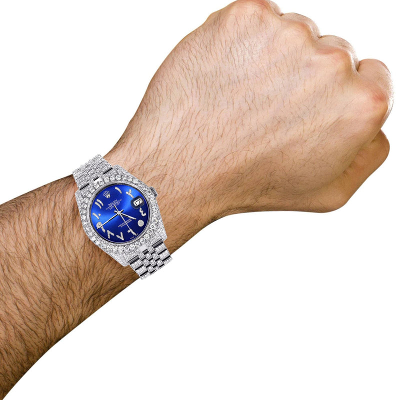Iced Out Rolex Datejust 36 MM | Stainless Steel | 10 Carats of Diamonds | Blue Arabic Diamond Dial | Jubilee Band