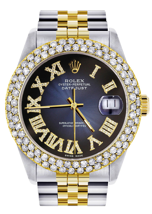 Diamond Gold Rolex Watch For Men 16233 | 36Mm | Blue Black Roman Numeral Dial | Two Row 4.25 Carat Bezel | Jubilee Band