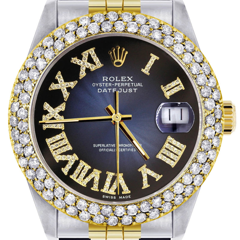 Diamond Gold Rolex Watch For Women 16233 | 36Mm | Blue Black Roman Numeral Dial | Two Row 4.25 Carat Bezel | Jubilee Band