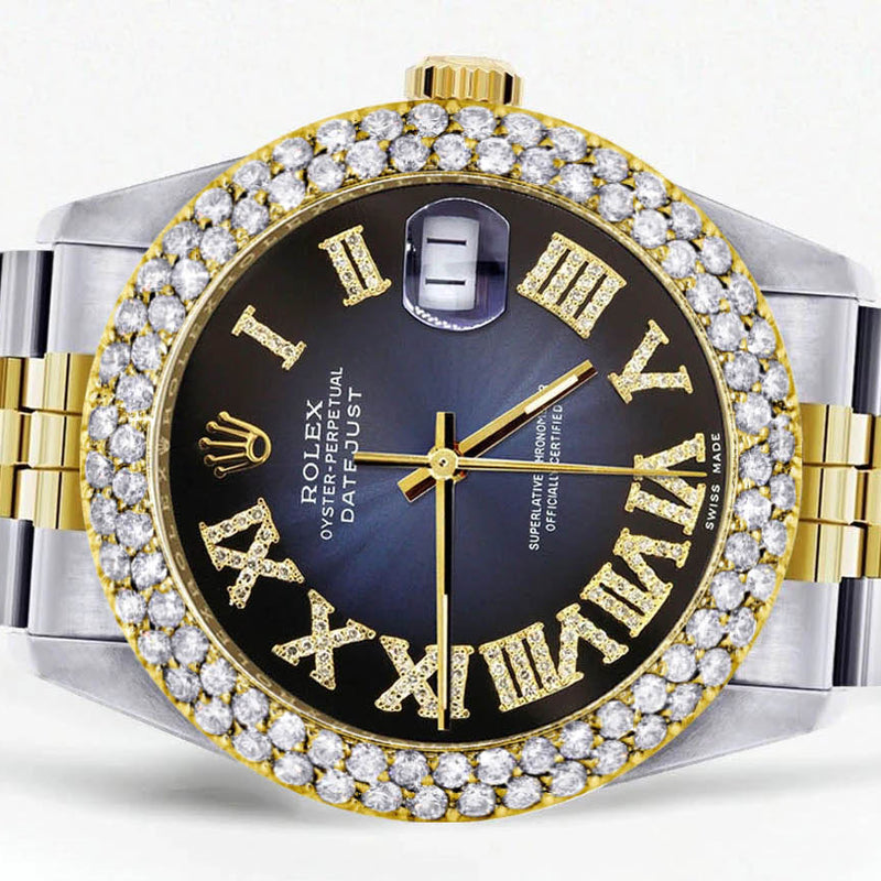 Diamond Gold Rolex Watch For Men 16233 | 36Mm | Blue Black Roman Numeral Dial | Two Row 4.25 Carat Bezel | Jubilee Band