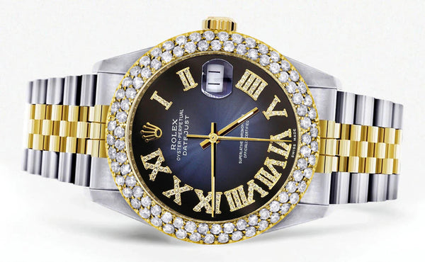 Diamond Gold Rolex Watch For Men 16233 | 36Mm | Blue Black Roman Numeral Dial | Two Row 4.25 Carat Bezel | Jubilee Band