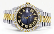 Diamond Gold Rolex Watch For Women 16233 | 36Mm | Blue Black Roman Numeral Dial | Two Row 4.25 Carat Bezel | Jubilee Band
