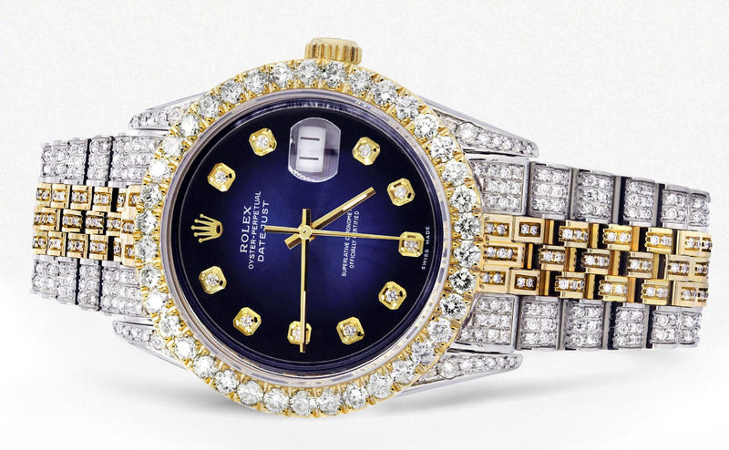 Iced Out Rolex Datejust 36 MM | Two Tone | 10 Carats of Diamonds | Blue Black Diamond Dial