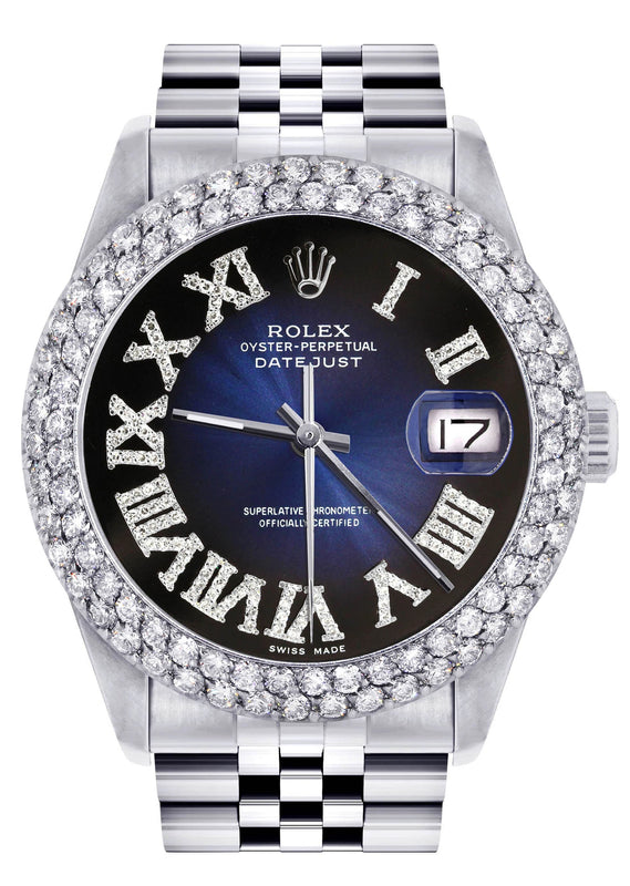Mens Rolex Datejust Watch 16200 | 36Mm | Blue Black Roman Numeral Dial | Two Row 4.25 Carat Beze l Jubilee Band