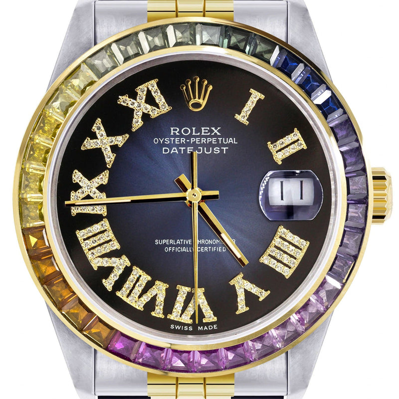 Diamond Gold Rolex Watch For Men 16233 | 36Mm | Rainbow Sapphire Bezel | Diamond Blue Black Roman Numeral Dial | Jubilee Band