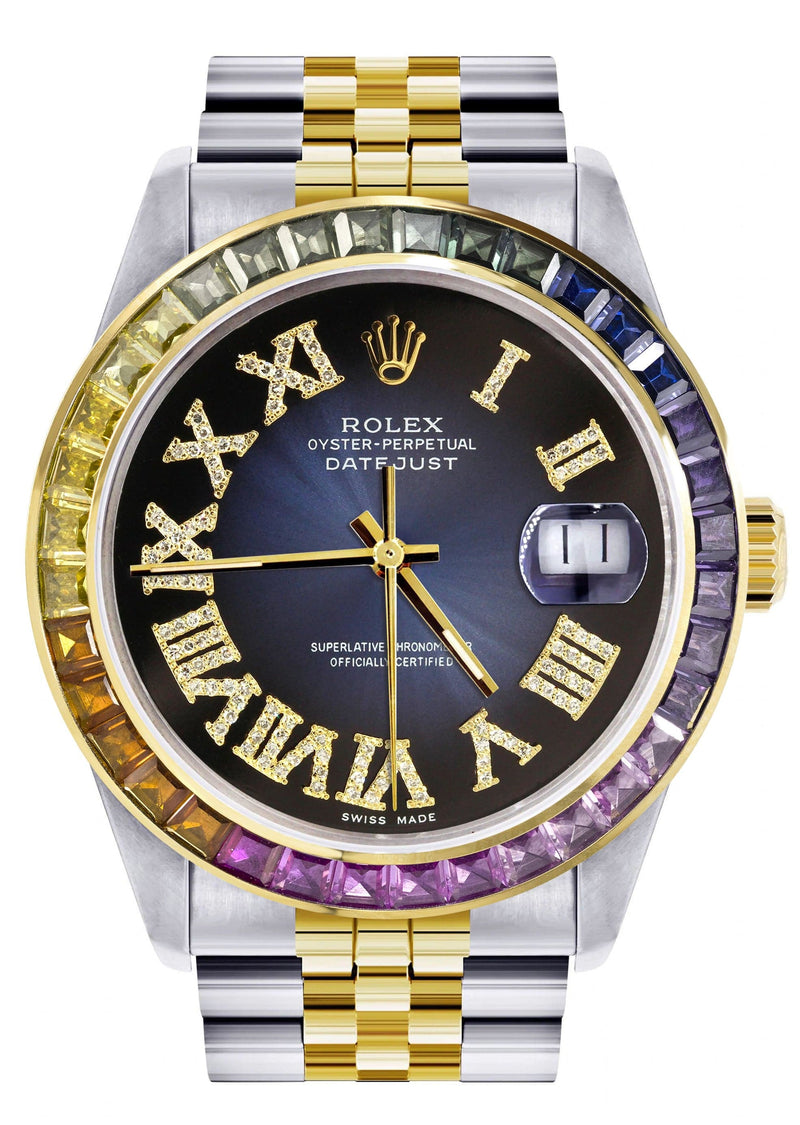 Diamond Gold Rolex Watch For Men 16233 | 36Mm | Rainbow Sapphire Bezel | Diamond Blue Black Roman Numeral Dial | Jubilee Band