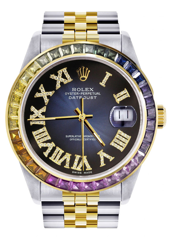 Diamond Gold Rolex Watch For Men 16233 | 36Mm | Rainbow Sapphire Bezel | Diamond Blue Black Roman Numeral Dial | Jubilee Band