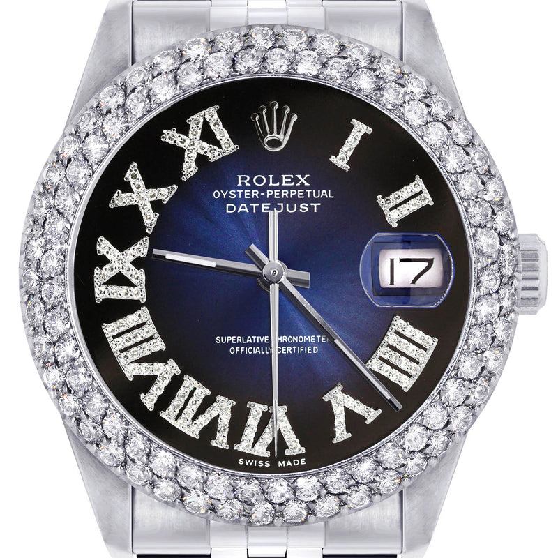 Womens Rolex Datejust Watch 16200 | 36Mm | Blue Black Roman Numeral Dial | Two Row 4.25 Carat Beze l Jubilee Band
