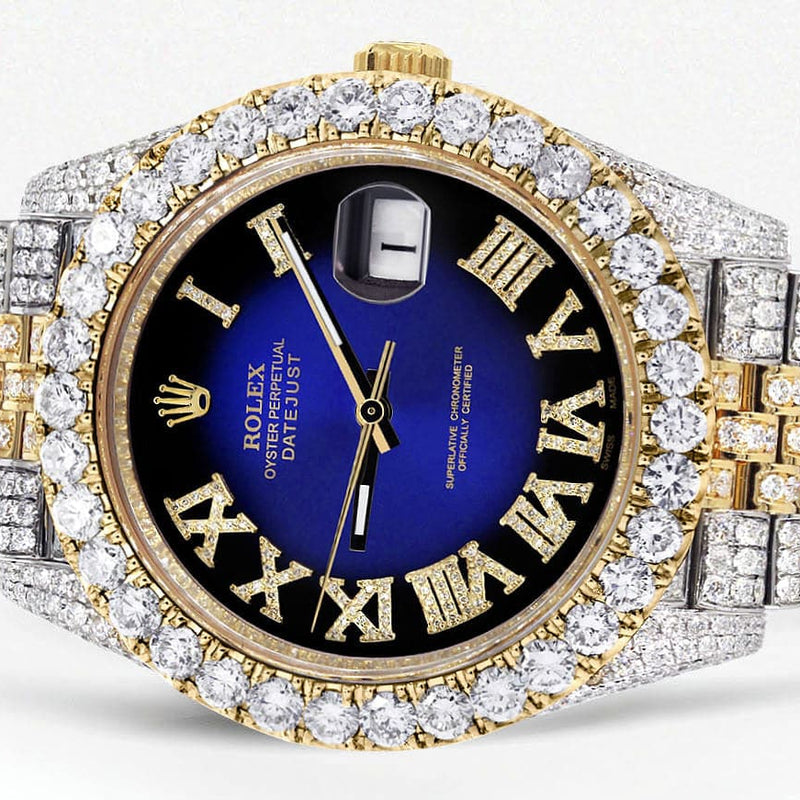 Diamond Iced Out Rolex Datejust 41 | 25 Carats Of Diamonds | Custom Blue Black Roman Numeral Diamond Dial | Two Tone | Jubilee Band