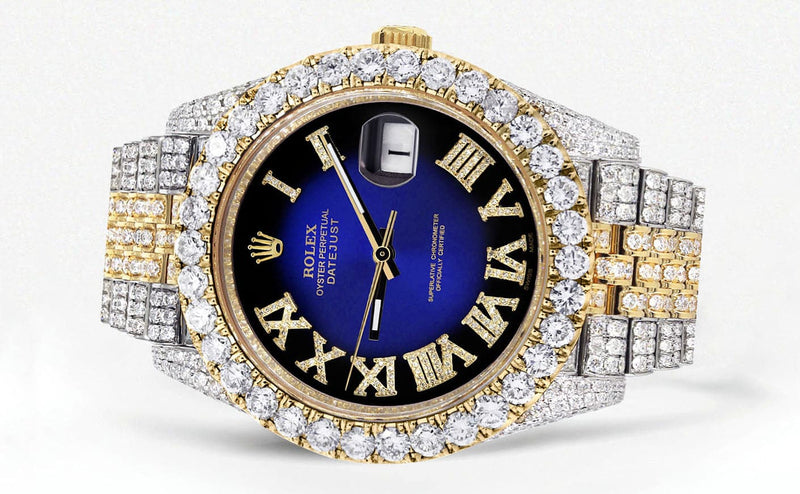 Diamond Iced Out Rolex Datejust 41 | 25 Carats Of Diamonds | Custom Blue Black Roman Numeral Diamond Dial | Two Tone | Jubilee Band
