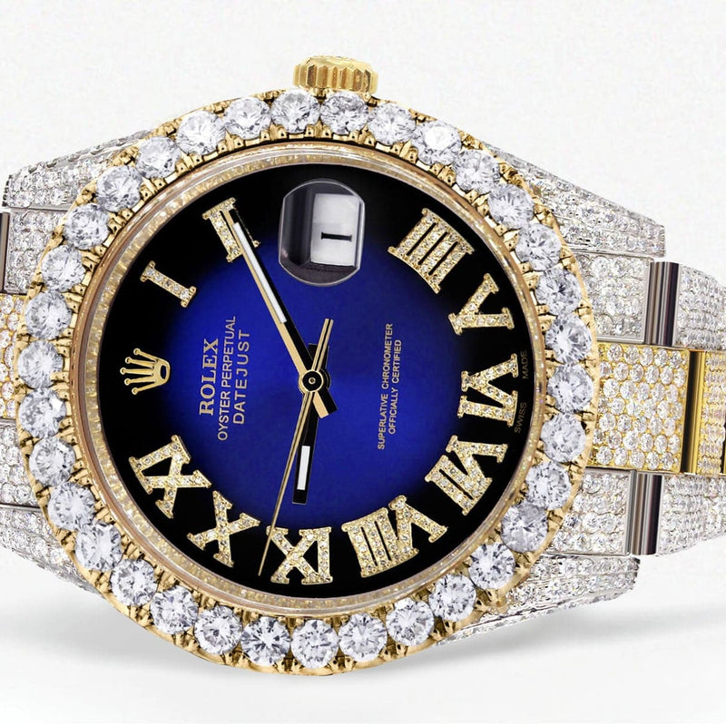 Diamond Iced Out Rolex Datejust 41 | 25 Carats Of Diamonds | Custom Blue Black Roman Numeral Diamond Dial | Two Tone | Oyster Band