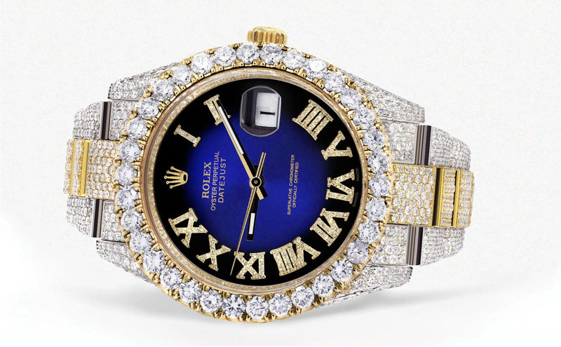 Diamond Iced Out Rolex Datejust 41 | 25 Carats Of Diamonds | Custom Blue Black Roman Numeral Diamond Dial | Two Tone | Oyster Band