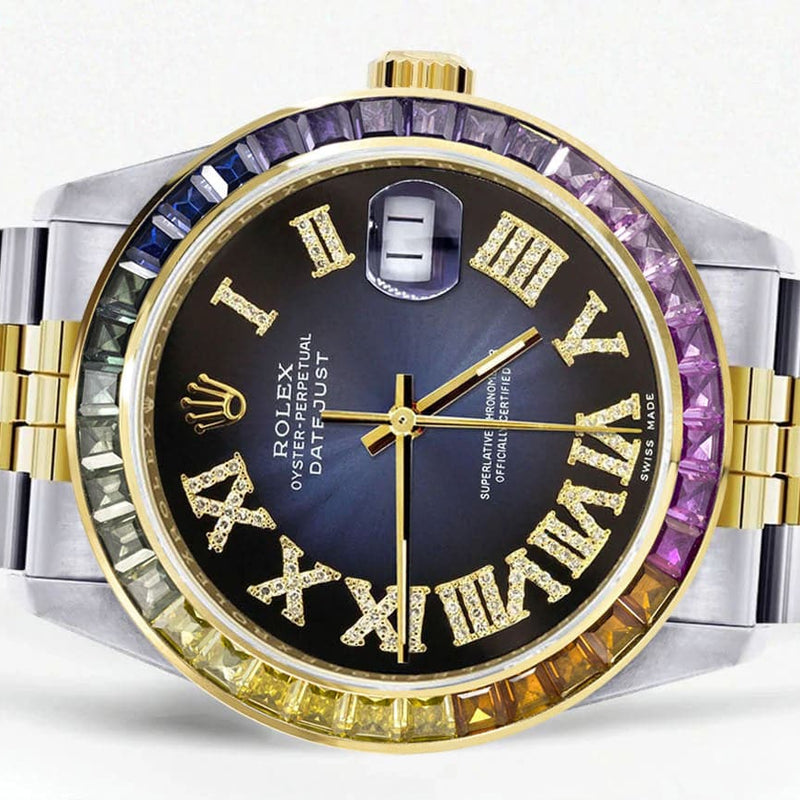 Diamond Gold Rolex Watch For Men 16233 | 36Mm | Rainbow Sapphire Bezel | Diamond Blue Black Roman Numeral Dial | Jubilee Band