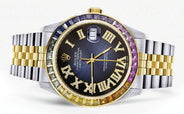 Diamond Gold Rolex Watch For Men 16233 | 36Mm | Rainbow Sapphire Bezel | Diamond Blue Black Roman Numeral Dial | Jubilee Band