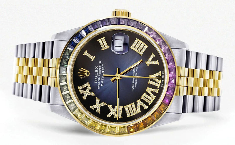 Diamond Gold Rolex Watch For Men 16233 | 36Mm | Rainbow Sapphire Bezel | Diamond Blue Black Roman Numeral Dial | Jubilee Band