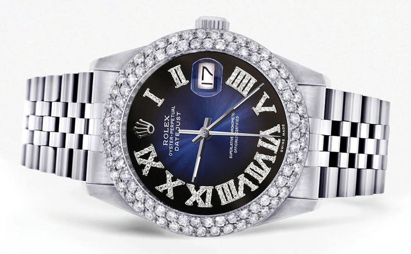 Mens Rolex Datejust Watch 16200 | 36Mm | Blue Black Roman Numeral Dial | Two Row 4.25 Carat Beze l Jubilee Band