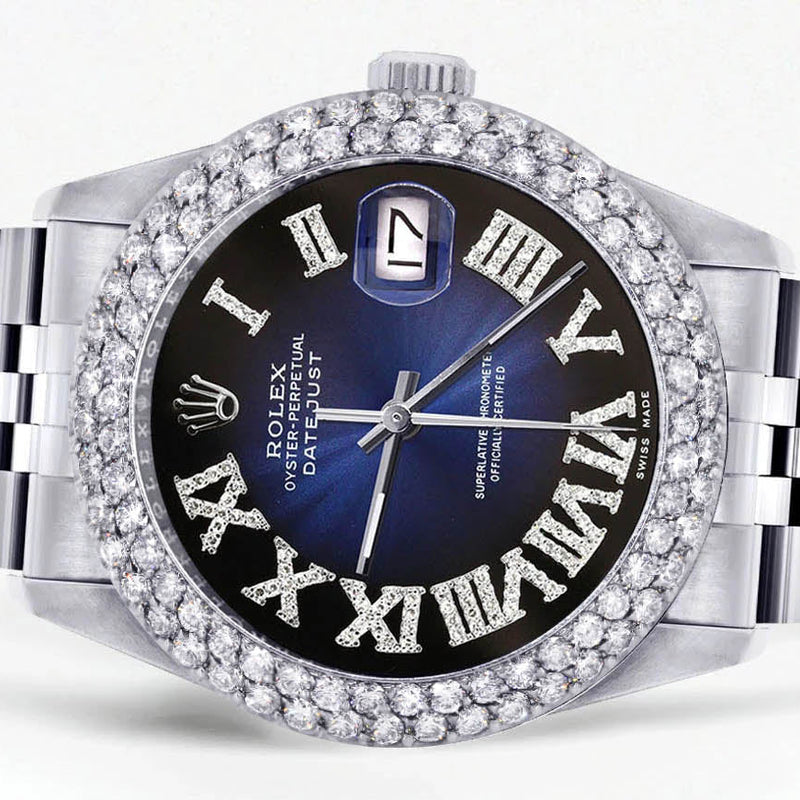 Womens Rolex Datejust Watch 16200 | 36Mm | Blue Black Roman Numeral Dial | Two Row 4.25 Carat Beze l Jubilee Band