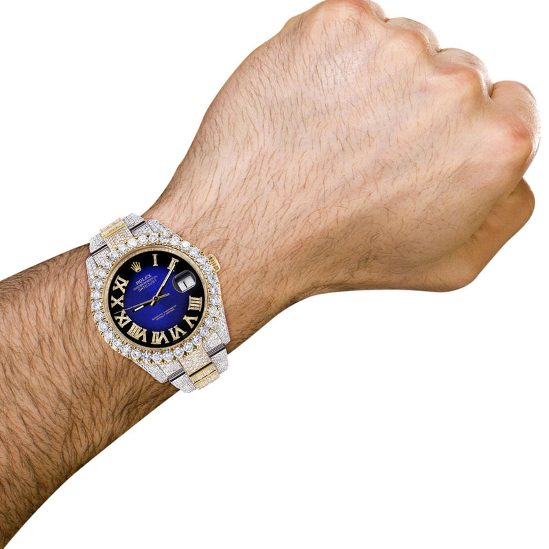 Diamond Iced Out Rolex Datejust 41 | 25 Carats Of Diamonds | Custom Blue Black Roman Numeral Diamond Dial | Two Tone | Oyster Band
