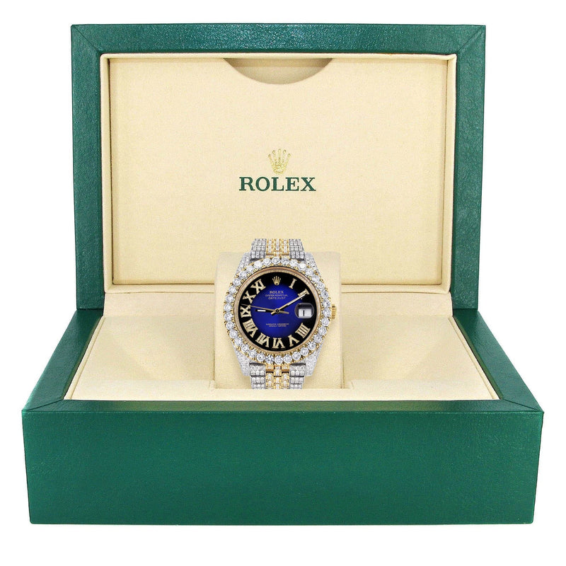 Diamond Iced Out Rolex Datejust 41 | 25 Carats Of Diamonds | Custom Blue Black Roman Numeral Diamond Dial | Two Tone | Jubilee Band