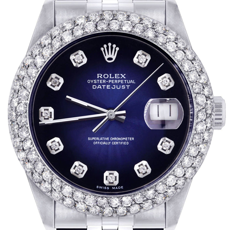 Mens Rolex Datejust Watch 16200 | 36Mm | Blue Black Dial | Two Row 4.25 Carat Bezel | Jubilee Band