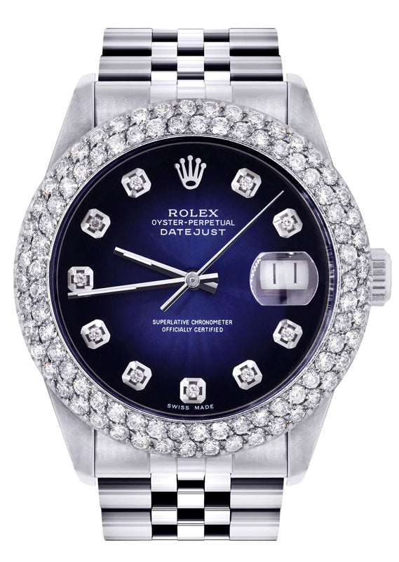 Mens Rolex Datejust Watch 16200 | 36Mm | Blue Black Dial | Two Row 4.25 Carat Bezel | Jubilee Band