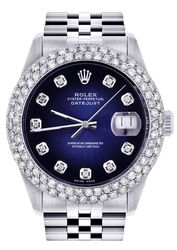 Womens Rolex Datejust Watch 16200 | 36Mm | Blue Black Dial | Two Row 4.25 Carat Bezel | Jubilee Band