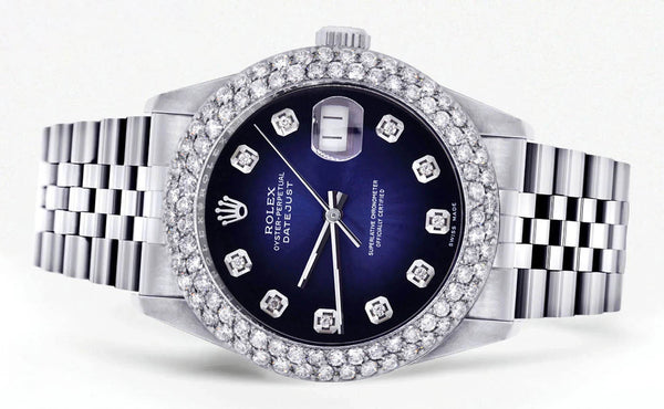 Mens Rolex Datejust Watch 16200 | 36Mm | Blue Black Dial | Two Row 4.25 Carat Bezel | Jubilee Band