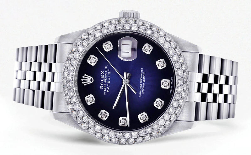 Mens Rolex Datejust Watch 16200 | 36Mm | Blue Black Dial | Two Row 4.25 Carat Bezel | Jubilee Band