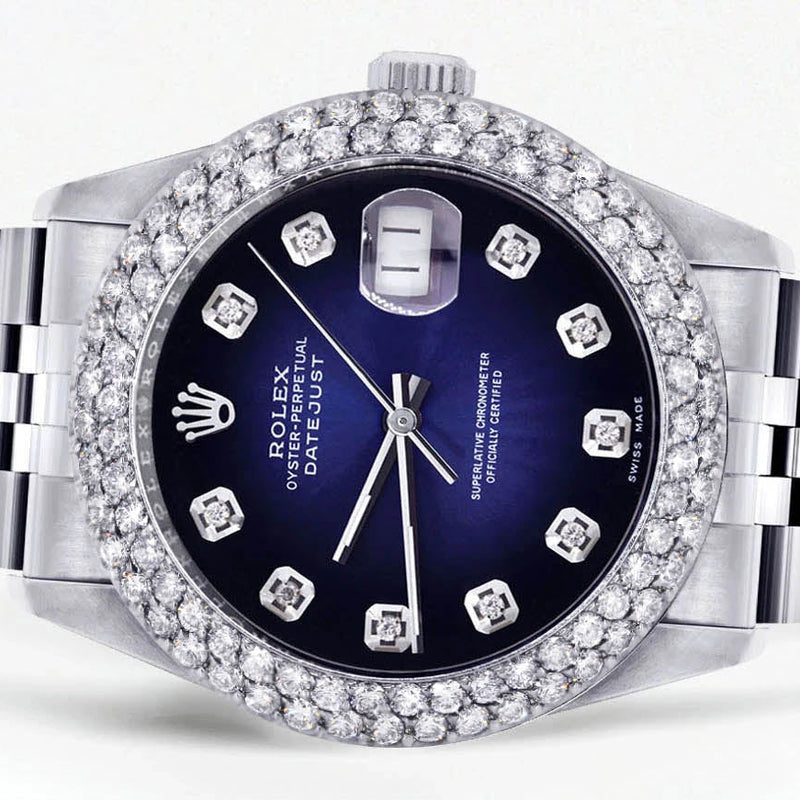 Womens Rolex Datejust Watch 16200 | 36Mm | Blue Black Dial | Two Row 4.25 Carat Bezel | Jubilee Band