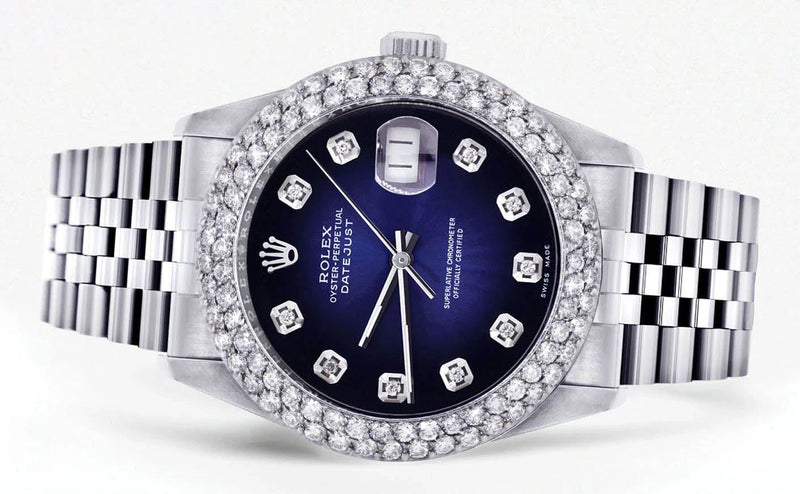 Womens Rolex Datejust Watch 16200 | 36Mm | Blue Black Dial | Two Row 4.25 Carat Bezel | Jubilee Band