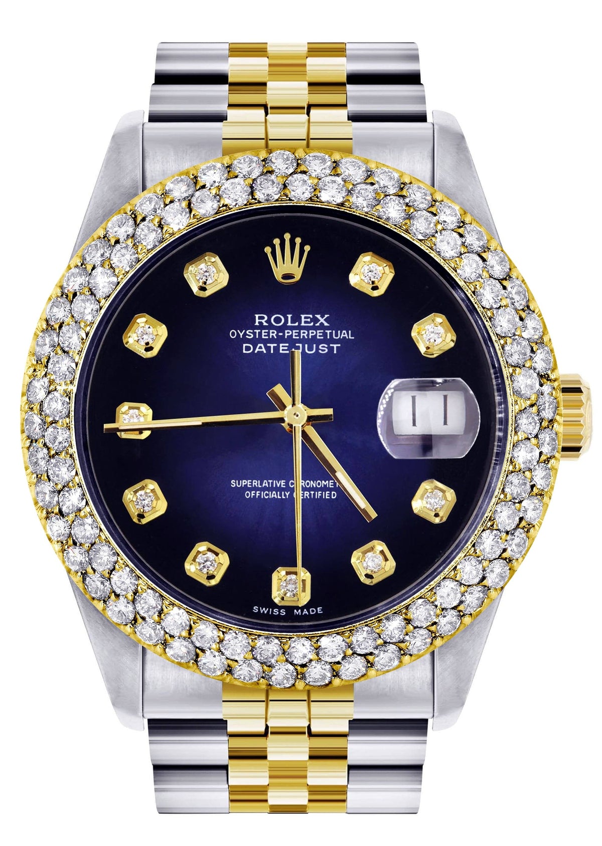 Diamond Gold Rolex Watch For Men 16233 | 36Mm | Blue Black Dial | Two Row 4.25 Carat Bezel | Jubilee Band