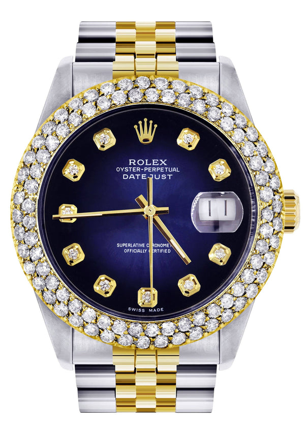 Diamond Gold Rolex Watch For Men 16233 | 36Mm | Blue Black Dial | Two Row 4.25 Carat Bezel | Jubilee Band