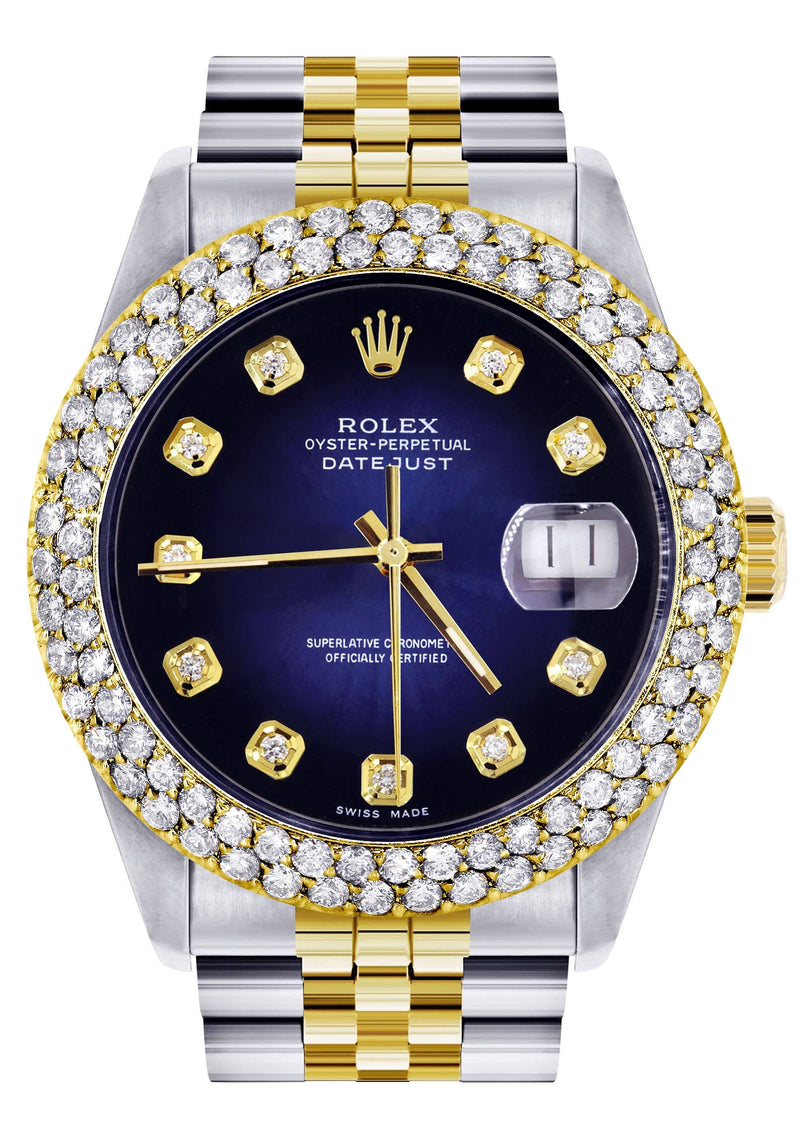 Diamond Gold Rolex Watch For Men 16233 | 36Mm | Blue Black Dial | Two Row 4.25 Carat Bezel | Jubilee Band