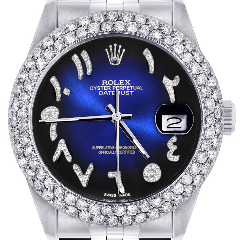 Mens Rolex Datejust Watch 16200 | 36Mm | Blue Black Arabic Diamond Dial | Two Row 4.25 Carat Bezel | Jubilee Band